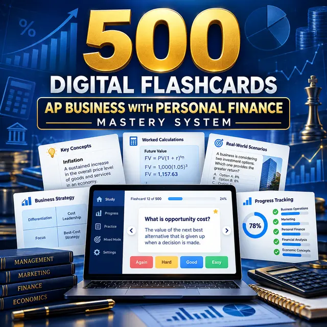 500 AP Business with Personal Finance digital flashcards mastery system with concepts, calculations, scenarios, and progress tracking