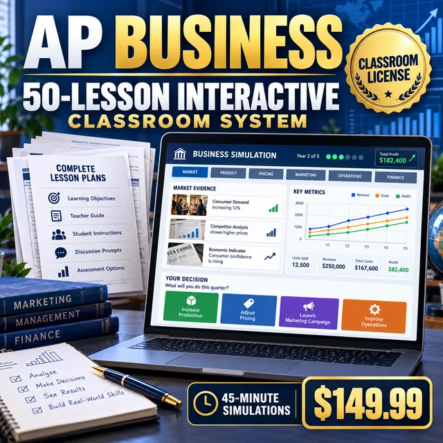 AP Business 50-lesson interactive classroom system with classroom license, simulator dashboard, and lesson materials